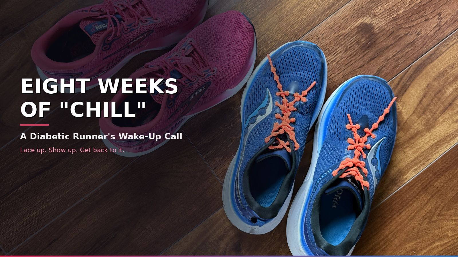 Two pairs of running shoes on hardwood floor — Brooks in burgundy, Saucony in blue with orange laces