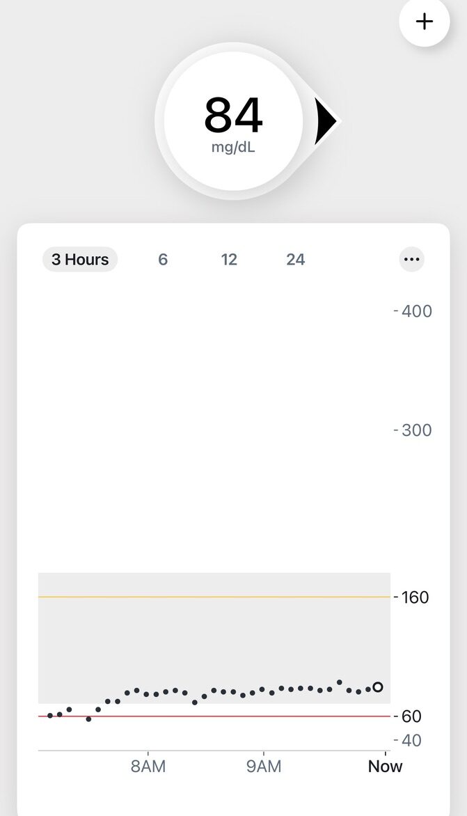 Dexcom CGM showing 84 mg/dL with a stable 3-hour trace